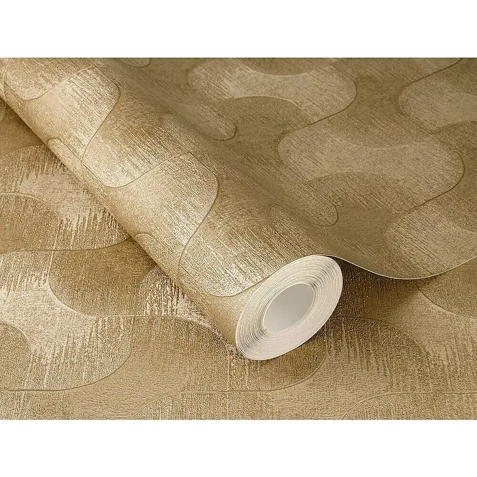 Rasch Sky Lounge Vliestapete Graphik - Gold, Grafisch, 10,05 x 0,53 m - Nahaufnahme einer Rolle goldfarbener Tapete mit abstraktem Wellenmuster und feiner Textur. Elegantes Design für stilvolle Wandgestaltung.