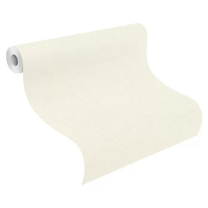 Rasch African Queen III Vliestapete Lederoptik - Cremeweiß, Uni, 10,05 x 0,53 m - Creme-farbene, strukturierte Tapetenrolle, teilweise abgerollt, um ihre Oberfläche zu zeigen.