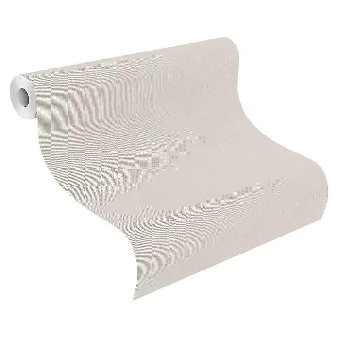 Rasch Wall Textures VI Vliestapete Uni - Hellgreige, Uni, 10,05 x 0,53 m - Helle beige Tapetenrolle mit dezenter Streifenstruktur, teilweise abgerollt.