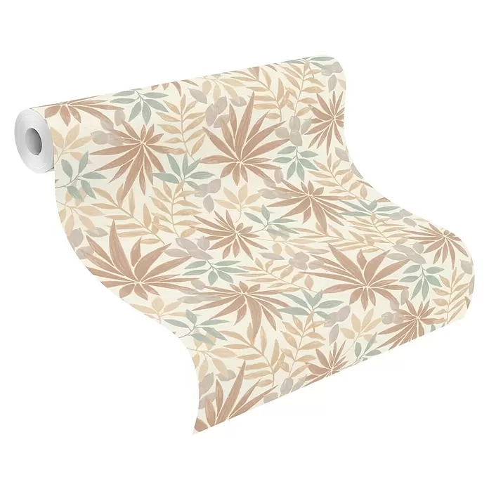 Rasch Country Charme Vliestapete Blätter - Dunkelbeige, Floral, 10,05 x 0,53 m - Tapetenrolle mit botanischem Blättermuster in gedämpften Braun-, Beige- und Grüntönen.