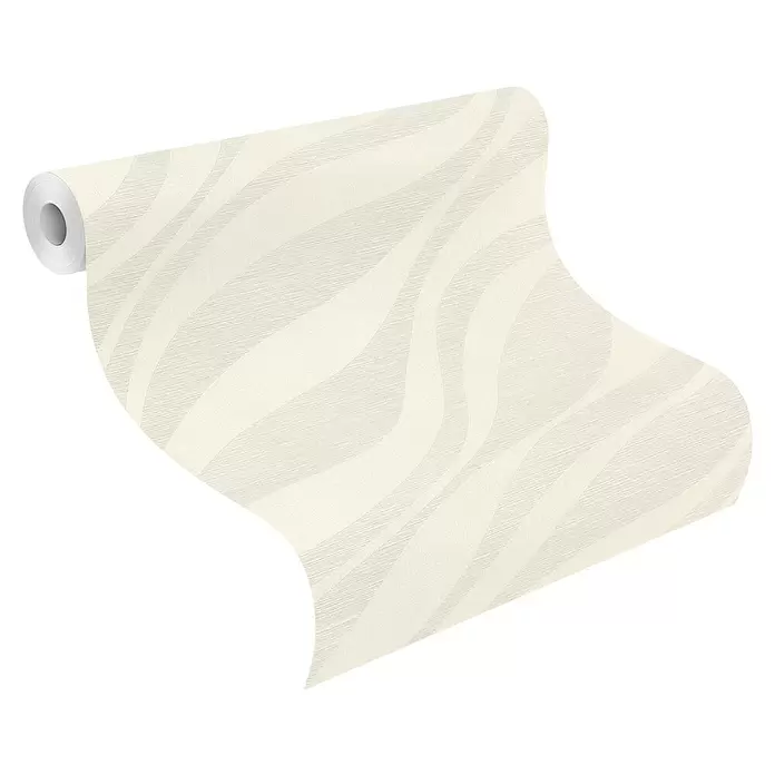 Rasch Sky Lounge Vliestapete Wellen - Perlmutt, Wellen, 10,05 x 0,53 m - Helle beige Tapetenrolle mit strukturiertem, wellenförmigem Muster.