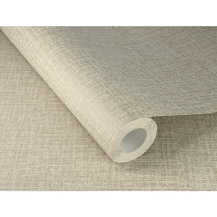 Rasch Welcome home Vliestapete Uni - Greige, Uni, 10,05 x 0,53 m - Nahaufnahme einer Rolle hochwertiger, gemusterter Vinyltapete in neutralen Farbtönen, ideal für moderne Innenräume.