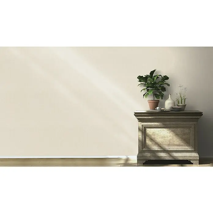 Rasch Wall Textures VI Vliestapete Uni-Struktur - Hellbeige, Uni, 10,05 x 0,53 m - Das Bild zeigt ein antikes Sideboard mit Topfpflanze und Dekoobjekten in einem hellen Raum, wodurch eine gemütliche Atmosphäre entsteht.