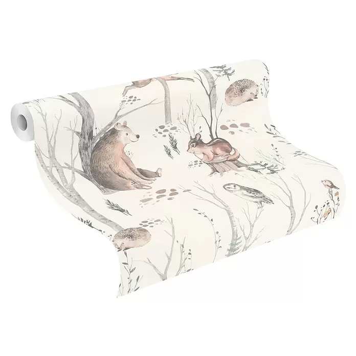 Rasch Kids World Vliestapete Tiere - Hellbraun, Tieroptik, 10,05 x 0,53 m - Gerollte Tapete mit einem verspielten Waldtiermuster in gedeckten Tönen, darunter Bären, Eichhörnchen und Igel.