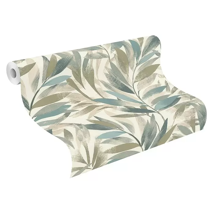 Rasch Symphony Vliestapete Blätter - Hellblau, Floral, 10,05 x 0,53 m - Rolle cremefarbener Tapete mit einem Muster aus grünen, blauen und hellbraunen Blättern.