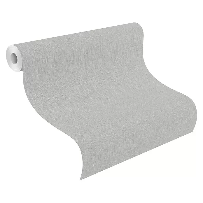 Rasch Sky Lounge Vliestapete Metallic-Uni - Silbergrau, Uni, 10,05 x 0,53 m - Hellgraue, strukturierte Tapetenrolle rollt sich ab.