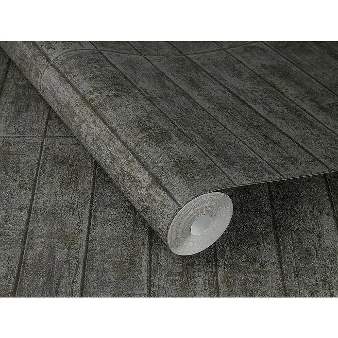 Rasch Factory V Vliestapete Beton - Anthrazit, Steinoptik, 10,05 x 0,53 m - Eine Rolle graue Backsteintapete, die eine robuste und industrielle Ästhetik für moderne Innenräume bietet.
