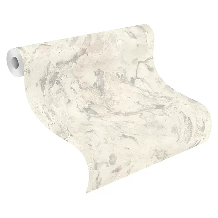 Rasch Symphony Vliestapete Marmor - Creme, Steinoptik, 10,05 x 0,53 m - Entrollte helle Tapetenrolle mit abstraktem Marmormuster in Beige und Grau.