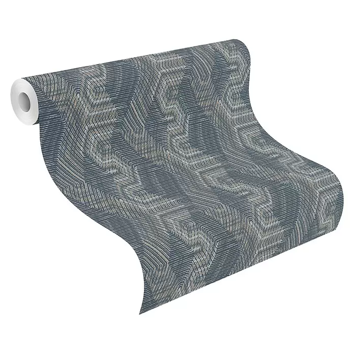 Rasch African Queen III Vliestapete Ethnomuster - Dunkelblau, Grafisch, 10,05 x 0,53 m - Rolle dunkelblauer Tapete mit abstraktem geometrischem Muster in Hellgrau und Beige.