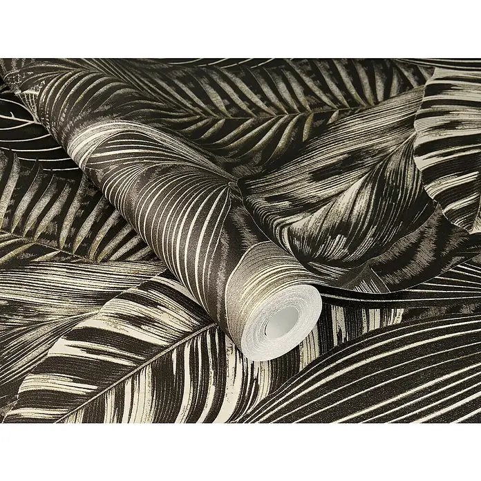 Rasch African Queen III Vliestapete Blätter - Mattschwarz, Floral, 10,05 x 0,53 m - Detailaufnahme einer Rolle gemusterter Tapete mit dunklen Blättern und hellen Akzenten. Ein stilvolles Design für moderne Wohnräume.