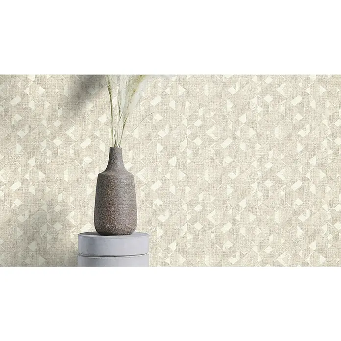 Rasch Welcome home Vliestapete Grafisch - Greige, Grafisch, 10,05 x 0,53 m - Dekorativer Hintergrund mit einer stilvollen Vase und einem abstrakten Muster, ideal für eine moderne Inneneinrichtung.