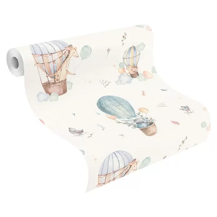 Rasch Kids World Vliestapete Ballon - Helltürkis, Tieroptik, 10,05 x 0,53 m - Tapetenrolle mit hellem Hintergrund und Aquarell-Heißluftballons, Giraffen und Kaninchen.