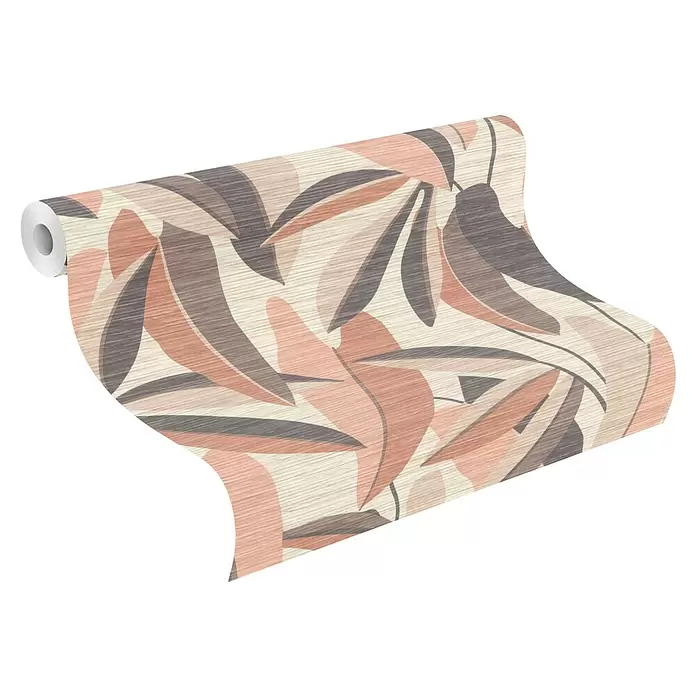 Rasch Symphony Vliestapete Blätter stilisiert - Dunkelorange, Floral, 10,05 x 0,53 m - Tapetenrolle mit abstraktem, botanischem Muster in Pfirsich, Braun und Creme, mit feiner Holzmaserung.