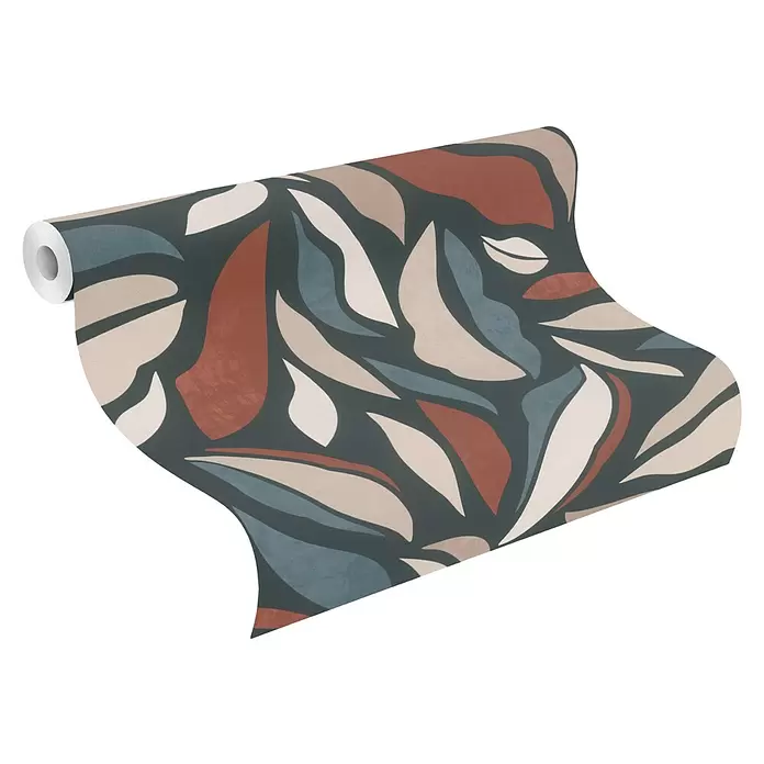 Rasch Symphony Vliestapete Muster - Rostrot, Grafisch, 10,05 x 0,53 m - Tapetenrolle mit abstraktem organischem Muster in Dunkeltürkis, Terrakotta, Beige und Cremeweiß.