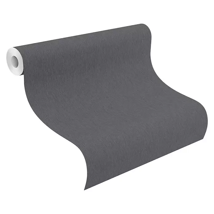 Rasch Sky Lounge Vliestapete Metallic-Uni - Dunkelblaugrau, Uni, 10,05 x 0,53 m - Rolle dunkelgraue strukturierte Tapete, teilweise abgerollt.
