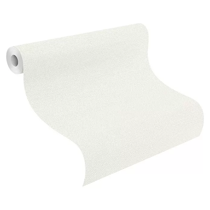 Rasch Color your life Vliestapete Uni-Struktur - Cremeweiß, Uni, 10,05 x 0,53 m - Weiße, strukturierte Tapetenrolle, teilweise abgerollt.