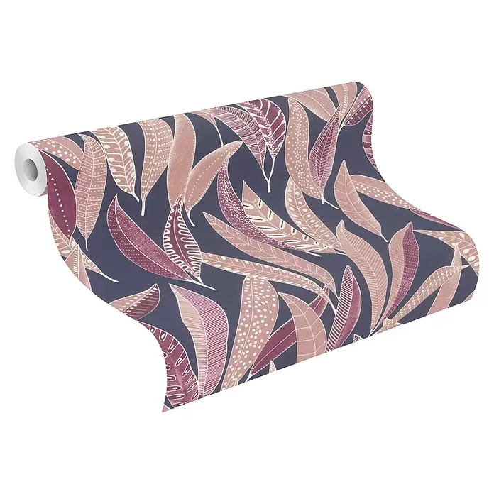 Rasch Symphony Vliestapete Blätter - Nachtblau, Floral, 10,05 x 0,53 m - Tapetenrolle mit dunkelblauem Hintergrund und stilisierten rosa, kastanienbraunen und hellbraunen Blattmustern.