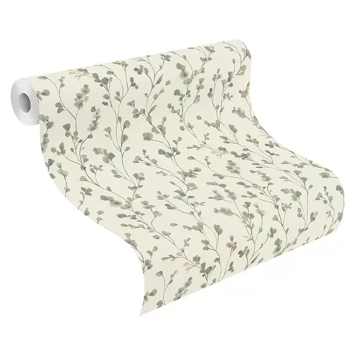 Rasch Country Charme Vliestapete Zweige - Dunkelgrün, Floral, 10,05 x 0,53 m - Rolle cremefarbener Tapete mit zartem grün-braunem Blattmuster, teilweise abgerollt.