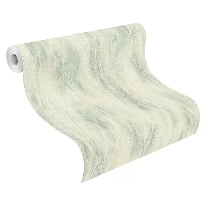 Rasch Country Charme Vliestapete Blätter Pastell - Hellgrün, Floral, 10,05 x 0,53 m - Teilweise abgerollte Tapetenrolle mit heller, texturierter Oberfläche und sanften, fließenden Mustern in Hellgrün und Beige.