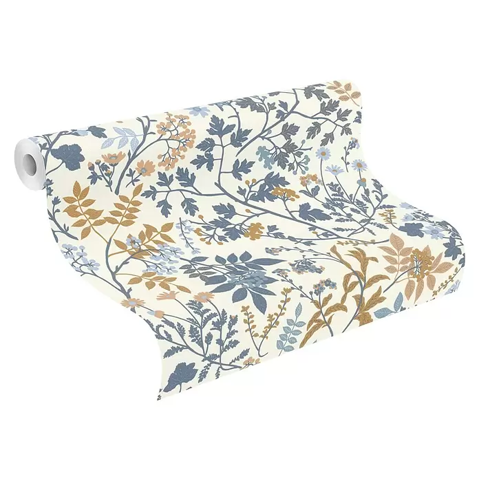 Rasch Symphony Vliestapete Zweige - Dunkelblau, Floral, 10,05 x 0,53 m - Ausgerollte Tapetenrolle mit botanischem Muster in Blau, Hellblau und Goldbraun auf cremefarbenem Hintergrund.