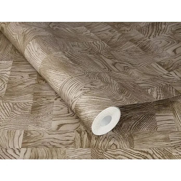 Rasch African Queen III Vliestapete Holz - Mittelbraun, Holzoptik, 10,05 x 0,53 m - Rolle Vinyltapete mit braunem Holzblock-Design, ideal für die Wanddekoration und verleiht jedem Raum einen Hauch von rustikalem Charme.