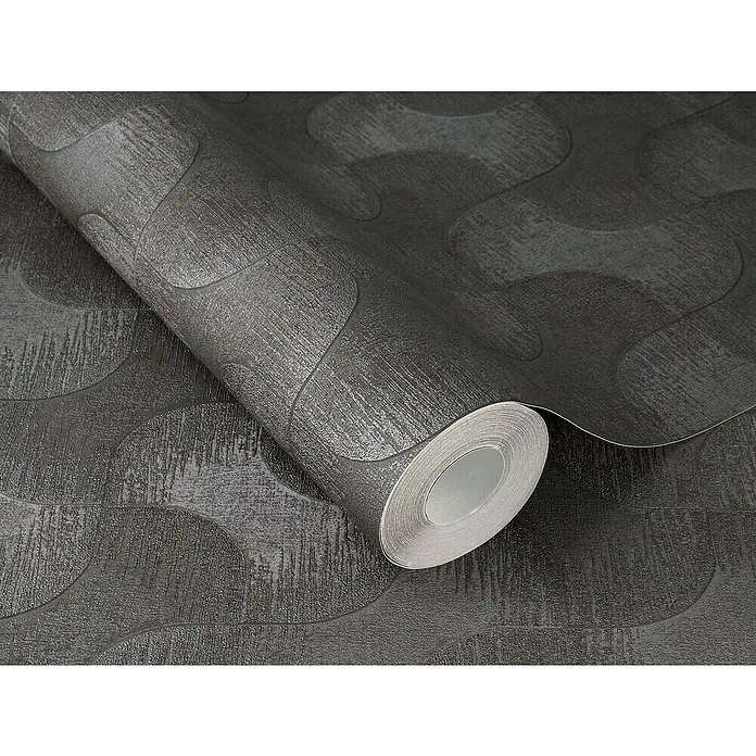 Rasch Sky Lounge Vliestapete Graphik - Graubraun dunkel, Grafisch, 10,05 x 0,53 m - Nahaufnahme einer Rolle grauer Vinyltapete mit einem modernen, strukturierten Design, ideal für stilvolle Wanddekoration und Inneneinrichtung.