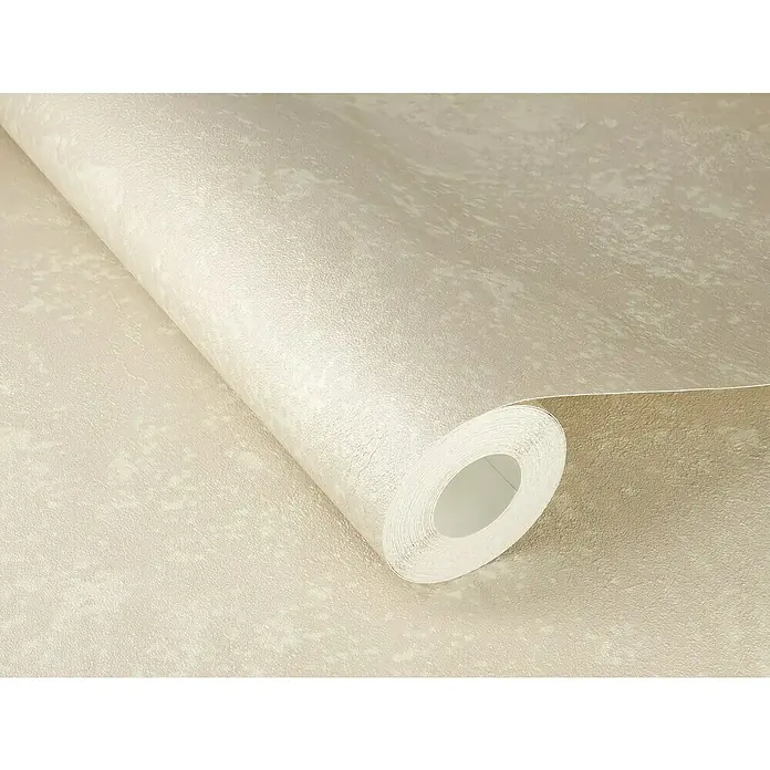 Rasch Factory V Vliestapete Metalloptik - Hellbeige, Uni, 10,05 x 0,53 m - Nahaufnahme einer Rolle beiger Vinyltapete mit subtiler Textur, ideal für die Wandgestaltung im Innenbereich.