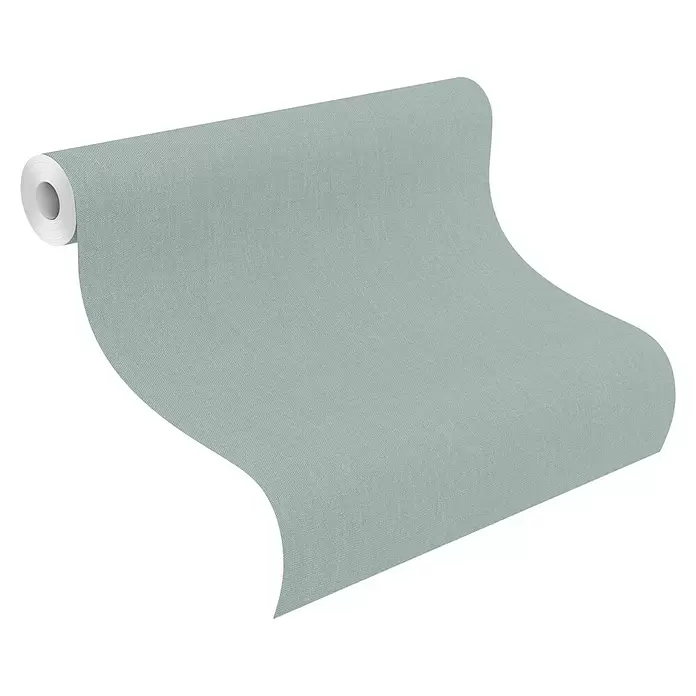 Rasch Color your life Vliestapete Struktur-Uni - Helltürkis, Uni, 10,05 x 0,53 m - Hellgrau-grüne strukturierte Tapetenrolle, teilweise ausgerollt.