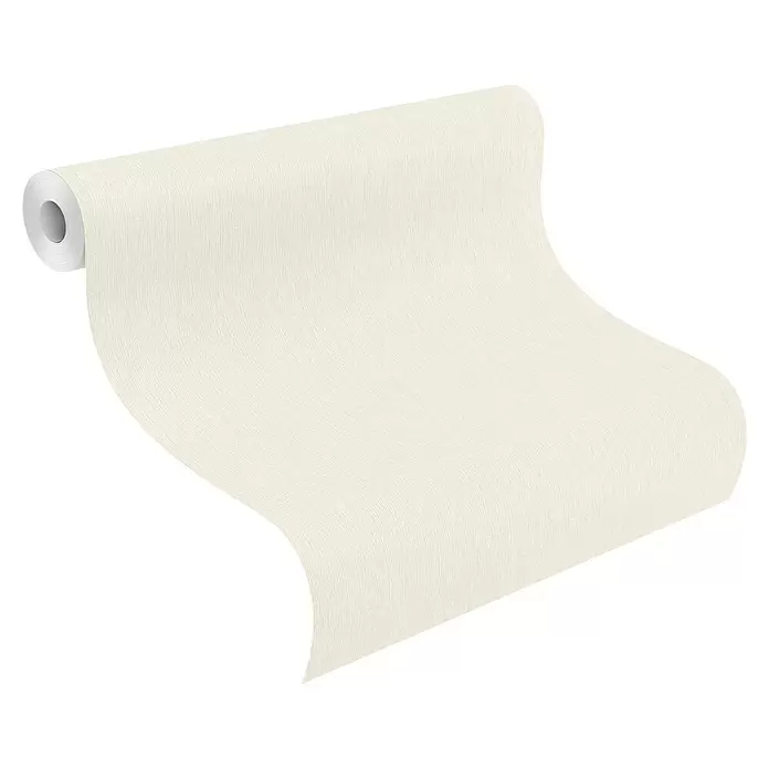 Rasch Sky Lounge Vliestapete Metallic-Uni - Perlmutt, Uni, 10,05 x 0,53 m - Hellbeige strukturierte Tapetenrolle, teilweise abgerollt.