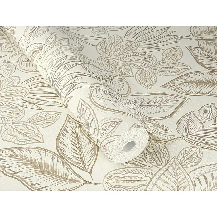Rasch Country Charme Vliestapete Blätter - Hellbeige, Floral, 10,05 x 0,53 m - Nahaufnahme einer Tapetenrolle mit einem floralen Muster in neutralen Farben, die eine natürliche und elegante Note vermittelt.