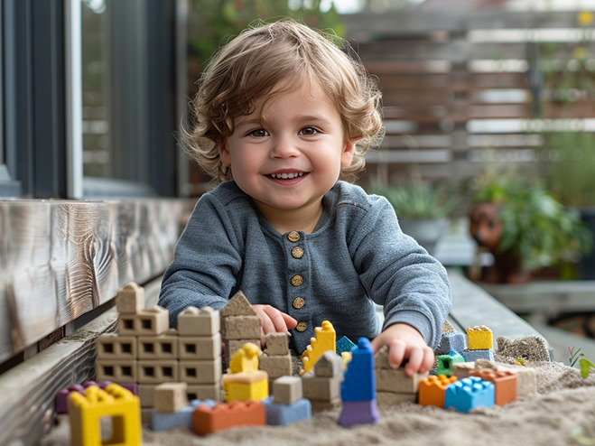 Kind spielt mit Bausteinen in einem Mini-Sandkasten auf dem Balkon