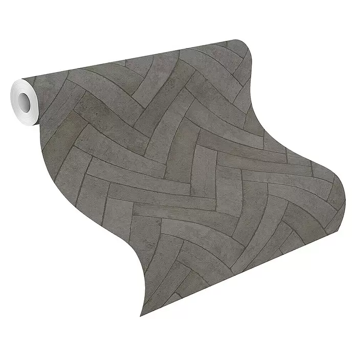 Rasch Factory V Vliestapete Bricks - Anthrazit, Steinoptik, 10,05 x 0,53 m - Abgerollte graue Tapetenrolle mit strukturiertem Fischgrätmuster.