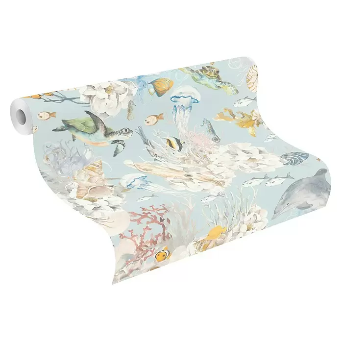 Rasch Kids World Vliestapete Fische - Hellblau, Tieroptik, 10,05 x 0,53 m - Tapetenrolle mit hellblauem Meeresmotiv: Schildkröten, Quallen, Fische und Korallen.