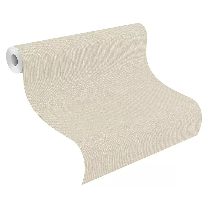 Rasch Wall Textures VI Vliestapete Textil-Uni - Dunkelbeige, Uni, 10,05 x 0,53 m - Ausgerollte hellbeige strukturierte Tapete.