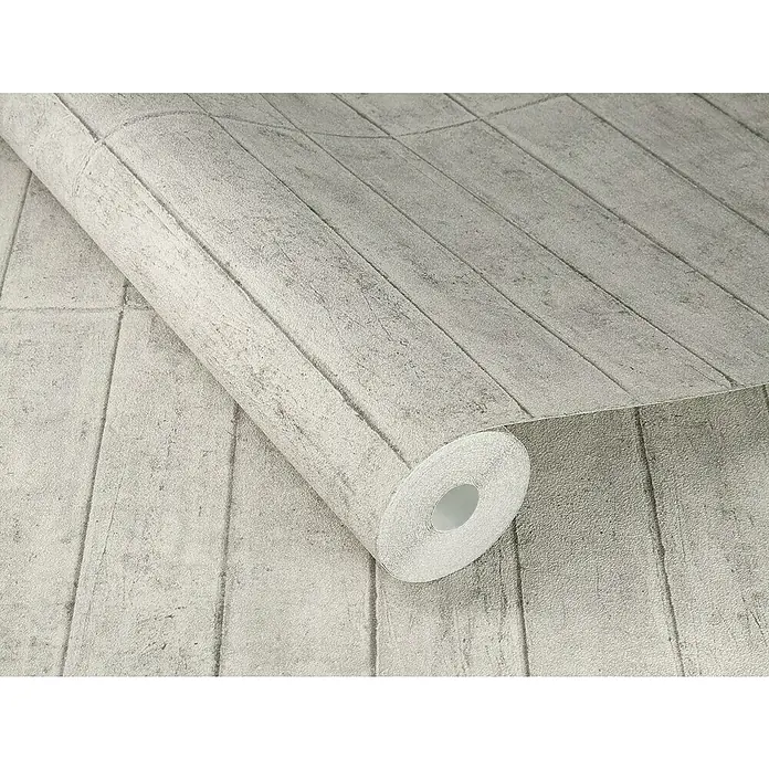 Rasch Factory V Vliestapete Beton - Greige, Steinoptik, 10,05 x 0,53 m - Ein detailreiches Bild einer Rolle grauer Holzwandtapete, die ein rustikales und industrielles Ambiente bietet, perfekt für moderne Innenräume.