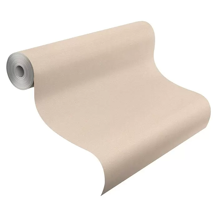 Rasch Country Charme Vliestapete Textil-Uni - Beige, Uni, 10,05 x 0,53 m - Helle, strukturierte Tapetenrolle in Beige, teilweise abgerollt.