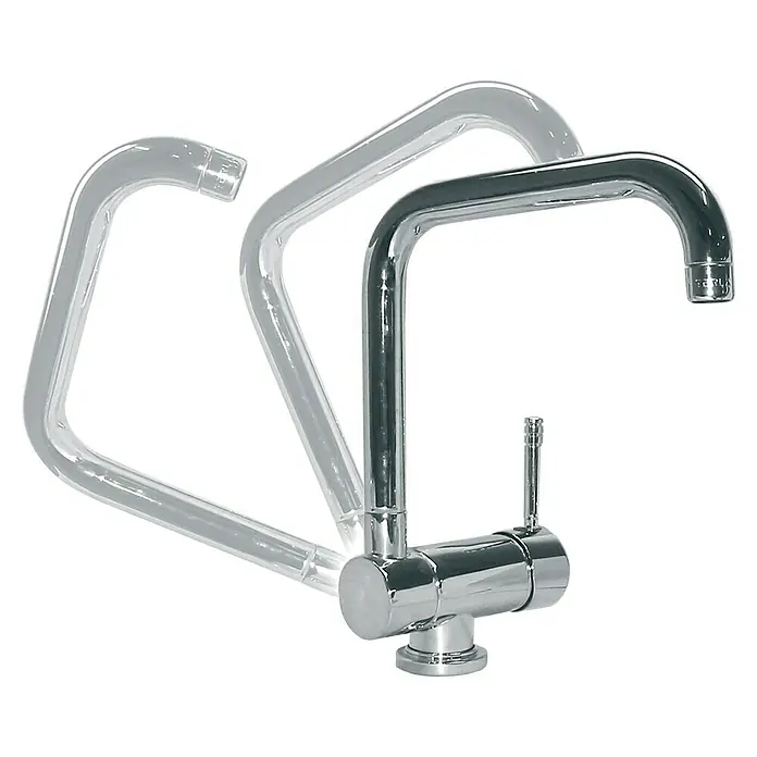 Grifo de cocina abatible Iris - Gris, Satinado - Un primer plano de un grifo de cocina cromado con un caño giratorio, que se muestra en diferentes posiciones sobre un fondo negro.