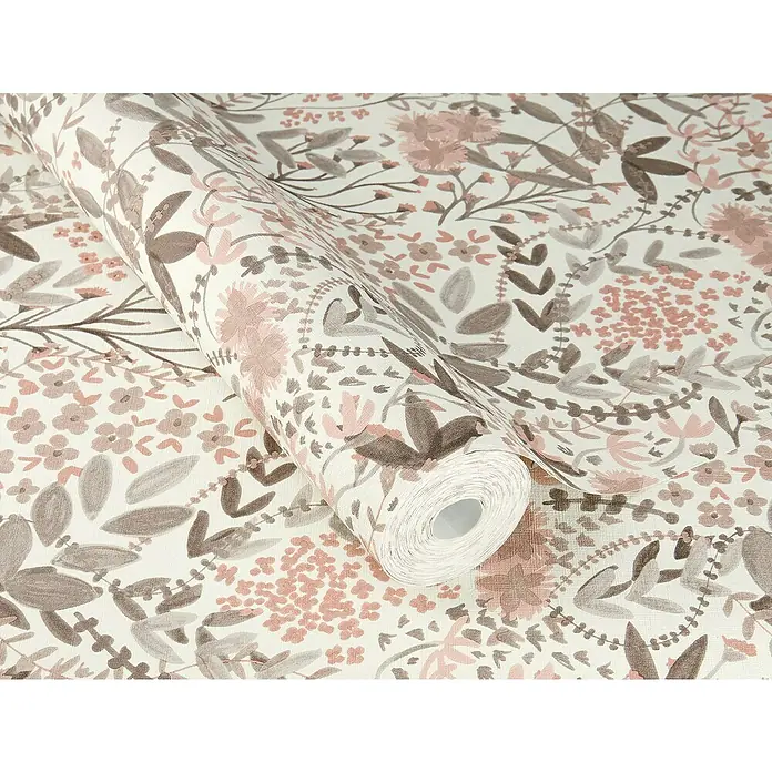 Rasch Country Charme Vliestapete Blätterranken - Hellrosa, Floral, 10,05 x 0,53 m - Eine Rolle geblümte Tapete in sanften Rosa- und Grautönen, die ein elegantes und beruhigendes Ambiente für jeden Raum schafft.