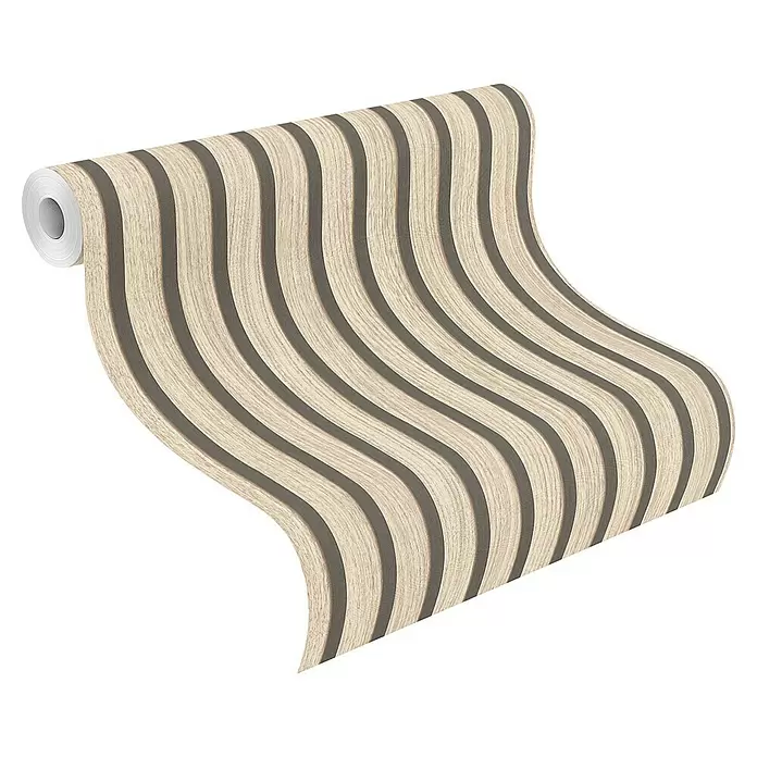 Rasch Factory V Vliestapete Akustikpaneel-Optik - Hellbeige, Holzoptik, 10,05 x 0,53 m - Eine Rolle Tapete mit heller, beiger Holzmaserung und wellenförmigen dunkelgrauen Streifen.
