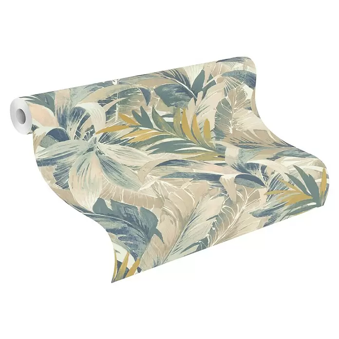 Rasch Symphony Vliestapete Blätter - Dunkelbeige, Floral, 10,05 x 0,53 m - Tapetenrolle mit blauem, beigem und gelbem Tropenblattmuster.