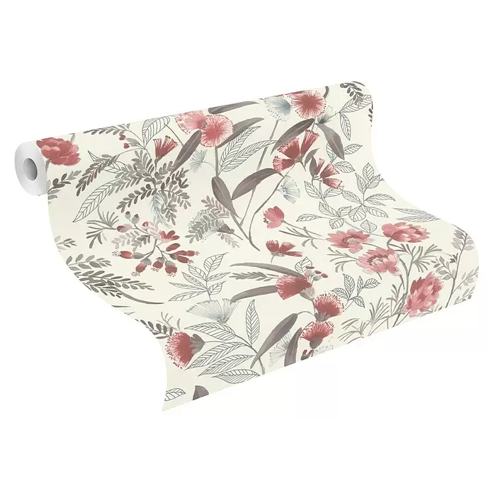 Rasch Symphony Vliestapete Blumen - Dunkelrot, Floral, 10,05 x 0,53 m - Eine Tapetenrolle mit cremefarbenem Hintergrund und floralem Muster aus roten, rosa und grauen Blumen und Blättern.