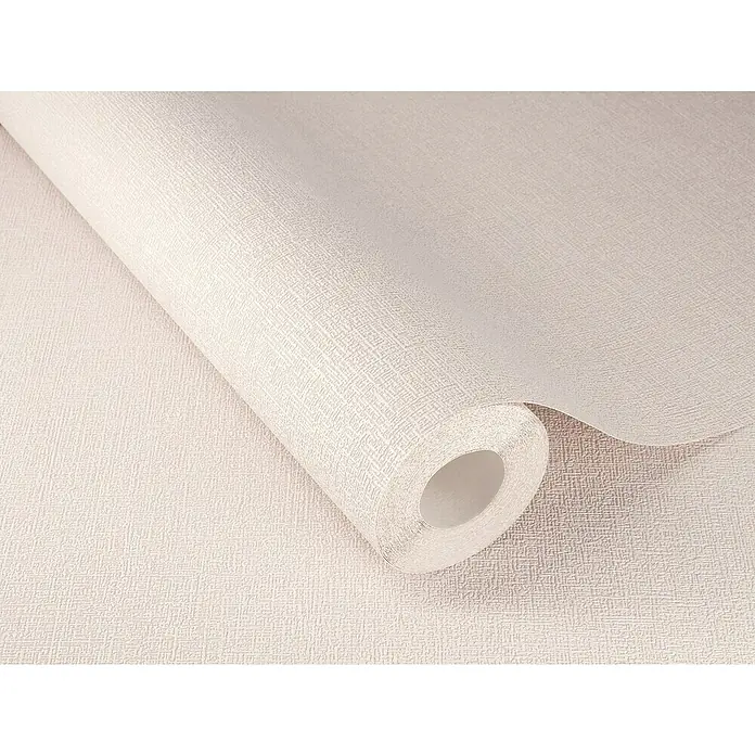 Rasch Welcome home Vliestapete Textil-Uni - Rosé, Uni, 10,05 x 0,53 m - Nahaufnahme einer Rolle beiger Textiltapete mit einem dezenten, strukturierten Muster für eine elegante Wandgestaltung.