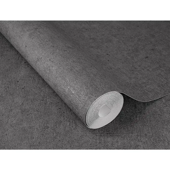 Rasch Factory V Vliestapete Beton-Uni - Offblack, Uni, 10,05 x 0,53 m - Nahaufnahme einer Rolle grauer Beton-Tapete, die eine moderne und industrielle Ästhetik für die Innenraumgestaltung bietet.