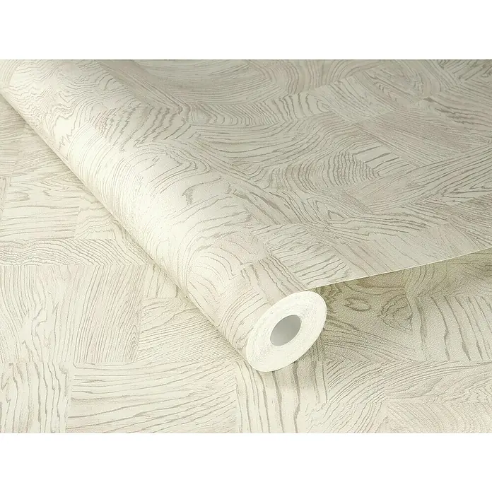 Rasch African Queen III Vliestapete Holz - Cremeweiß, Holzoptik, 10,05 x 0,53 m - Nahaufnahme einer Rolle stilvoller, grauer Holzstruktur-Tapete, die jedem Raum eine natürliche und elegante Note verleiht.
