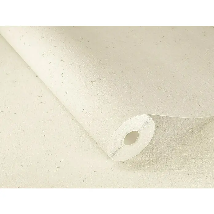 Rasch Factory V Vliestapete Beton-Uni - Offwhite, Uni, 10,05 x 0,53 m - Nahaufnahme einer Rolle cremefarbener Tapete mit subtiler Textur, ideal für moderne Innenräume.