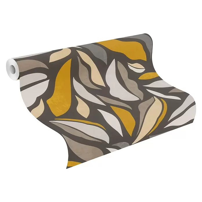 Rasch Symphony Vliestapete Muster - Ocker, Grafisch, 10,05 x 0,53 m - Rolle dunkelgraue Tapete mit abstraktem Blattmuster in Gelb, Beige, Grau und Weiß.