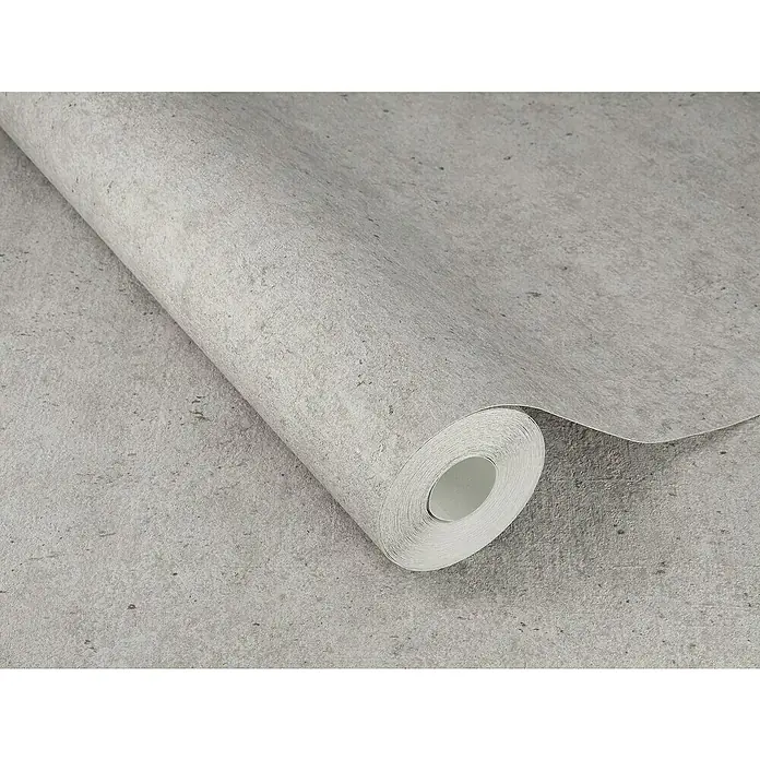 Rasch Factory V Vliestapete Beton-Uni - Mittelgrau, Uni, 10,05 x 0,53 m - Nahaufnahme einer Rolle grauer Beton-Tapete, die eine moderne und industrielle Ästhetik für jeden Raum bietet.