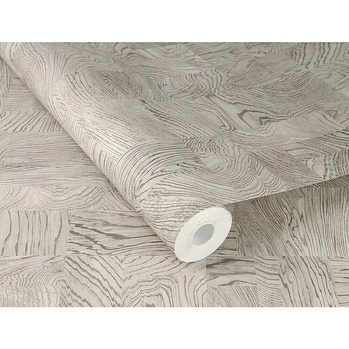 Rasch African Queen III Vliestapete Holz - Hellgrau, Holzoptik, 10,05 x 0,53 m - Ein Detailbild einer Rolle Tapete mit einem Muster, das an Holz erinnert. Ideal für stilvolle Innenräume mit natürlicher Optik.