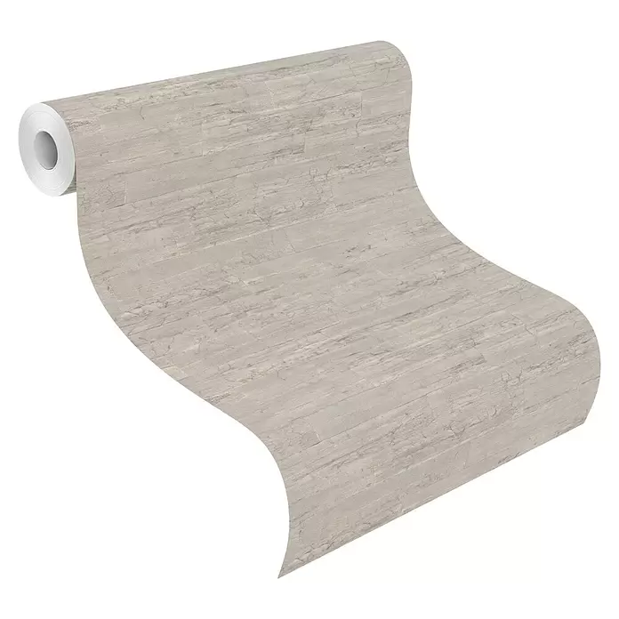 Rasch Curiosity Vliestapete Holzoptik - Hellgrau, Holzoptik, 10,05 x 0,53 m - Hellgraue strukturierte Tapetenrolle mit dezentem Holz-/Steinmuster, abrollend.