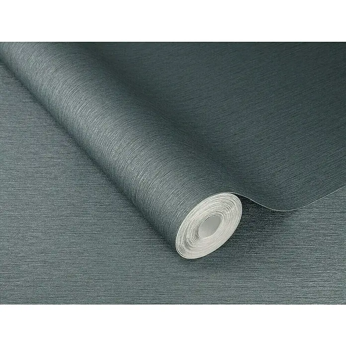 Rasch Sky Lounge Vliestapete Metallic-Uni - Blaugrau, Uni, 10,05 x 0,53 m - Nahaufnahme einer Rolle graublauer Textiltapete mit feiner horizontaler Struktur, ideal für moderne Raumgestaltung und stilvolle Akzente.